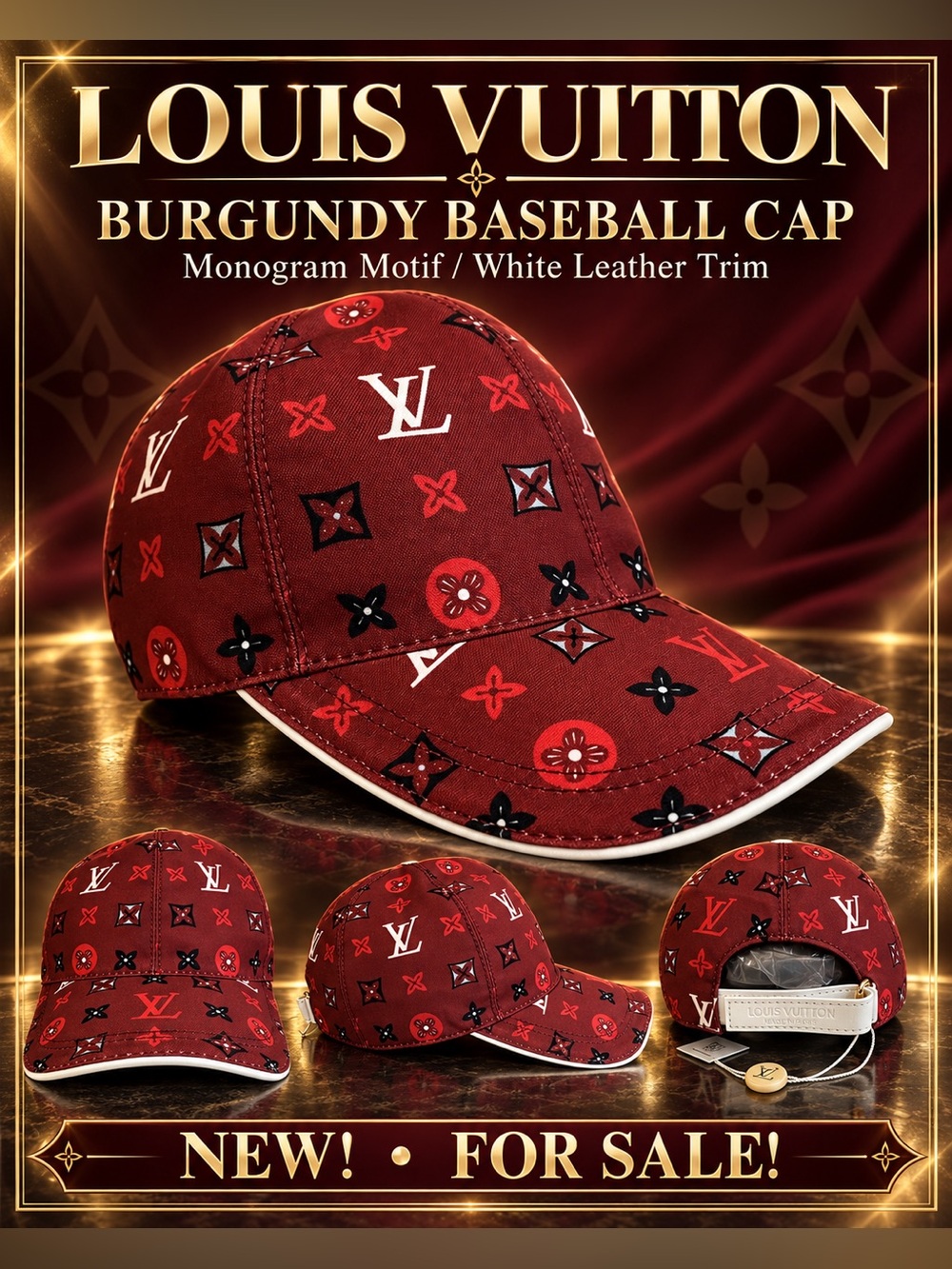 Louis Vuitton Burgundy Baseball Cap with Monogram Motif/White Leather Trim🔥New!